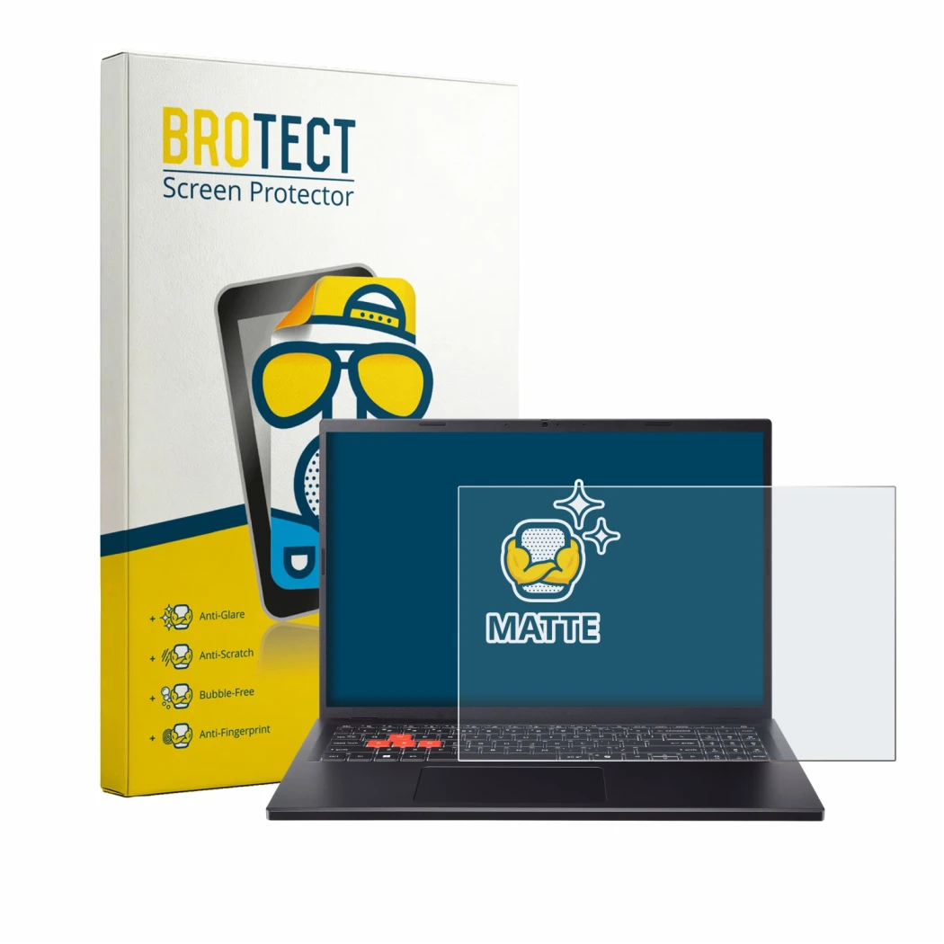 Front side of a product packaging with the brand logo BROTECT. Next to it is the device Acer Nitro Lite 16 NL16-71G shown with