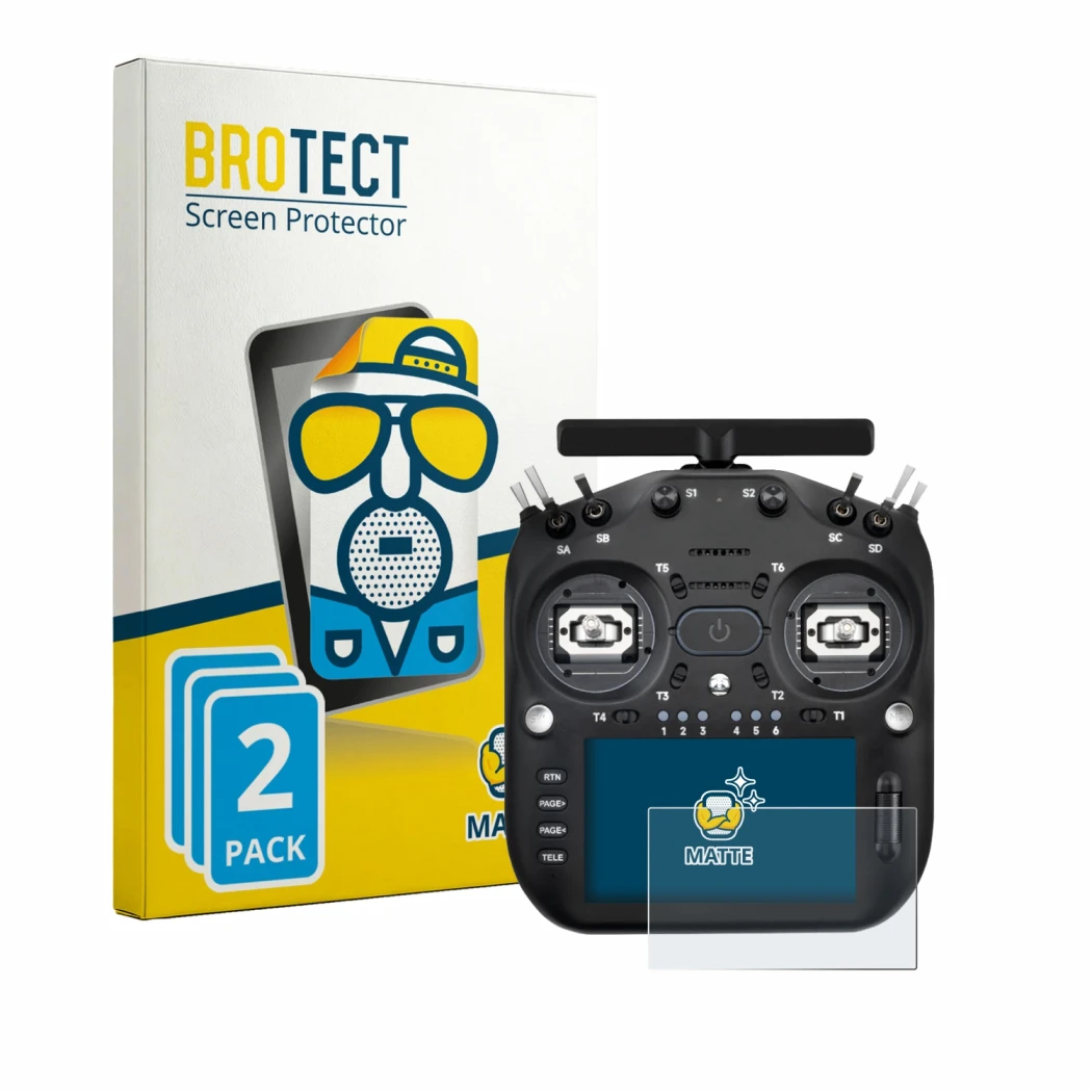 Front side of a product packaging with the brand logo BROTECT. Next to it is the device Radiomaster TX16S MK3 shown with the c