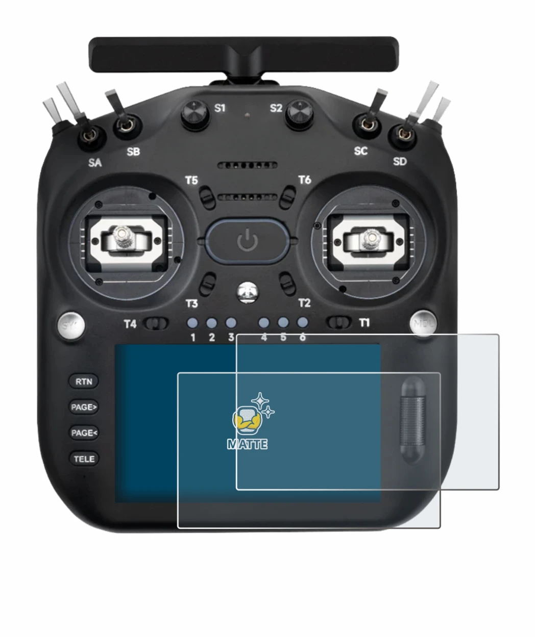 Image of the device Radiomaster TX16S MK3 with a wide variety of screen protectors.