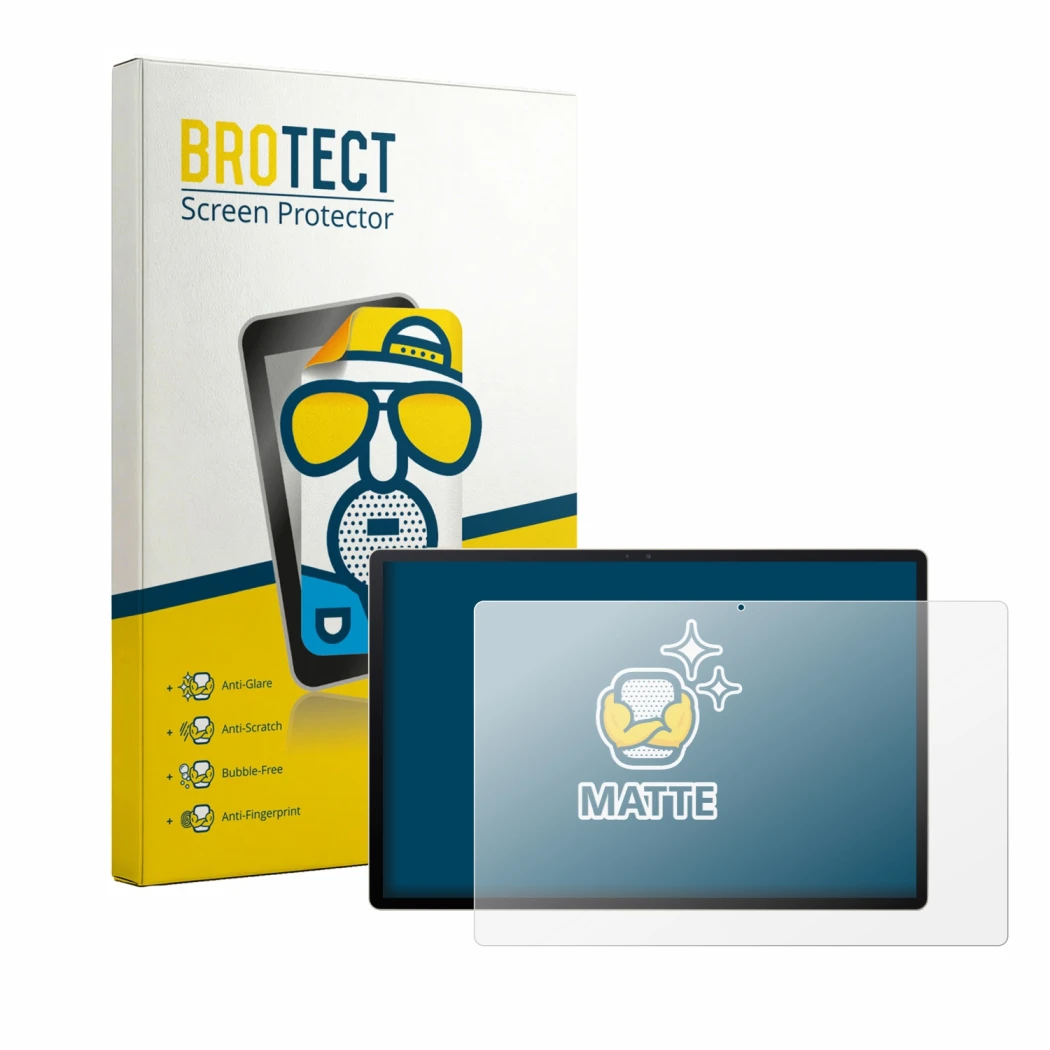 Front side of a product packaging with the brand logo BROTECT. Next to it is the device Acer Iconia A16 shown with the corresp