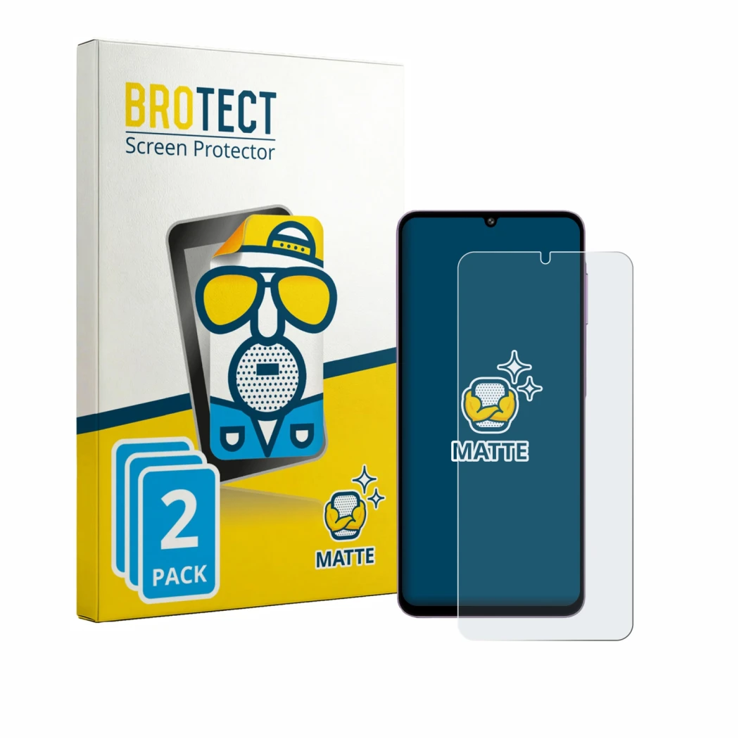 Front side of a product packaging with the brand logo BROTECT. Next to it is the device Samsung Galaxy M17e shown with the cor