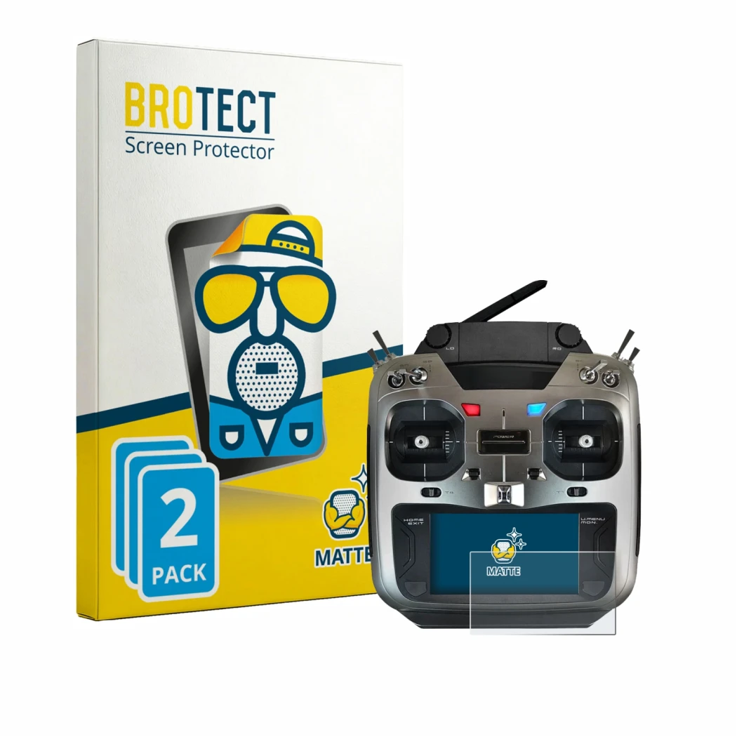 Front side of a product packaging with the brand logo BROTECT. Next to it is the device Robbe Futaba T16IZ Super shown with th