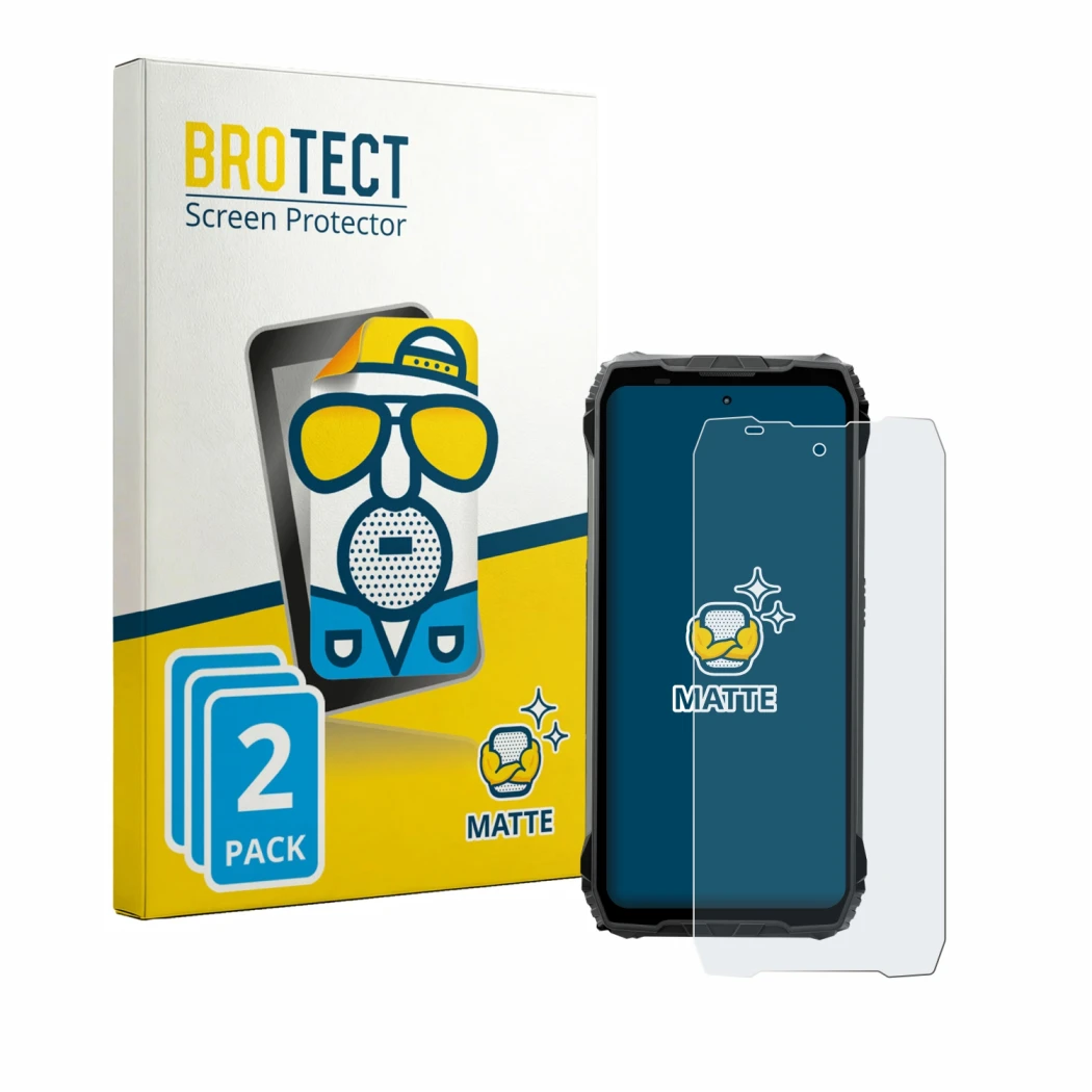 Front side of a product packaging with the brand logo BROTECT. Next to it is the device Blackview Fort 200 shown with the corr