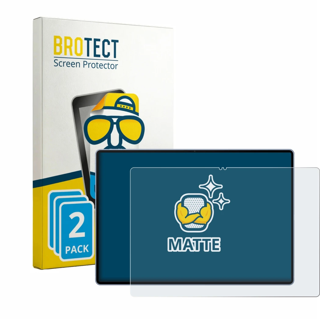 Front side of a product packaging with the brand logo BROTECT. Next to it is the device Huawei MatePad Pro Max shown with the