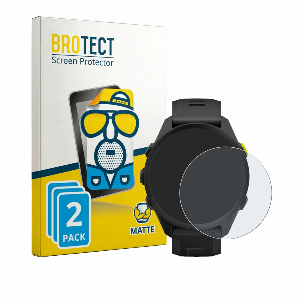 Front side of a product packaging with the brand logo BROTECT. Next to it is the device Garmin Forerunner 70 shown with the co