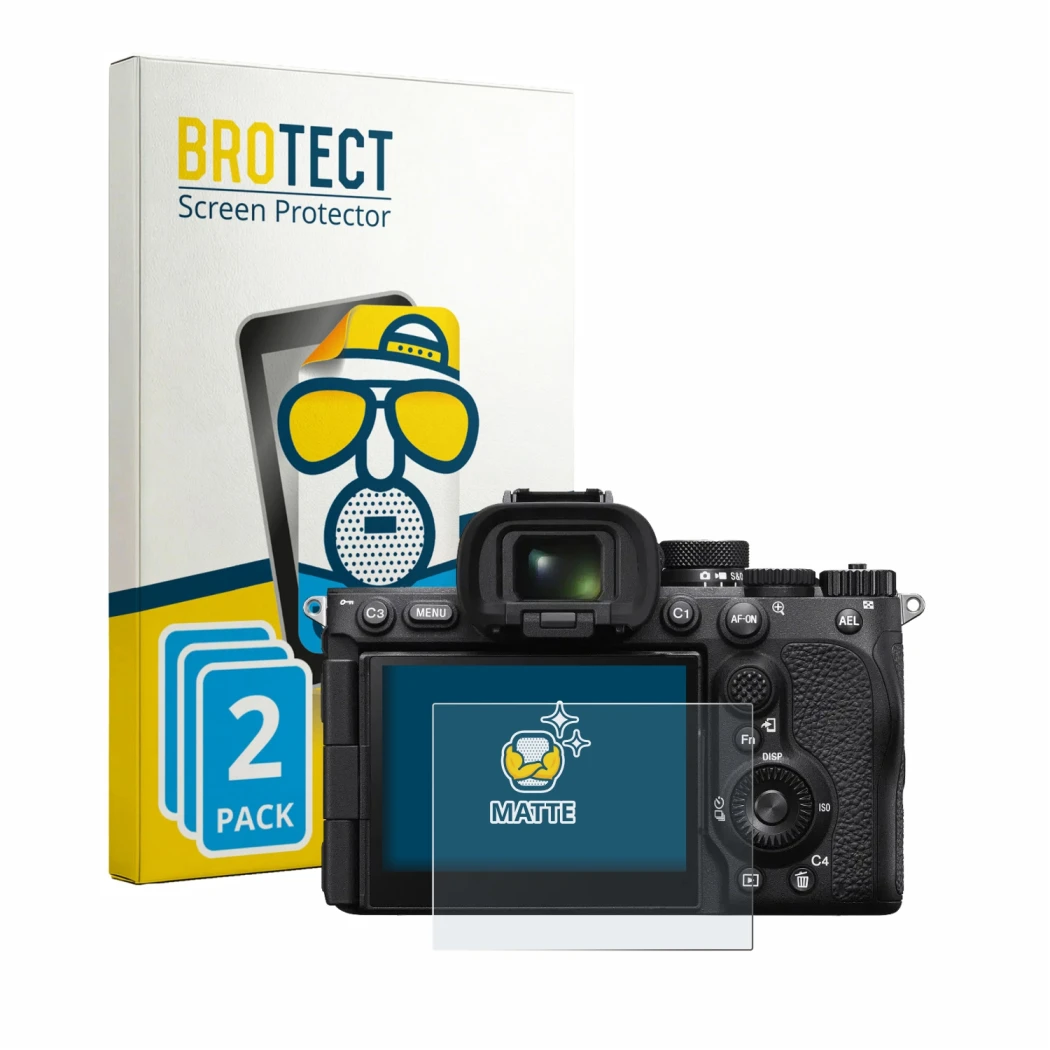 Front side of a product packaging with the brand logo BROTECT. Next to it is the device Sony Alpha 7R VI shown with the corres