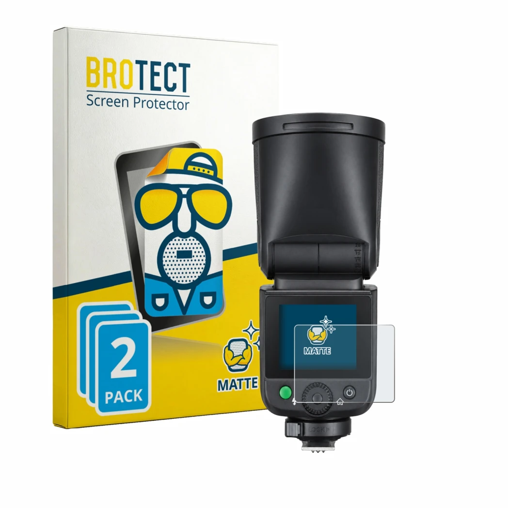 Front side of a product packaging with the brand logo BROTECT. Next to it is the device Godox V1 mid shown with the correspond