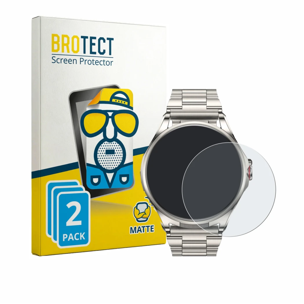 Front side of a product packaging with the brand logo BROTECT. Next to it is the device Huawei Watch Buds 2 shown with the cor