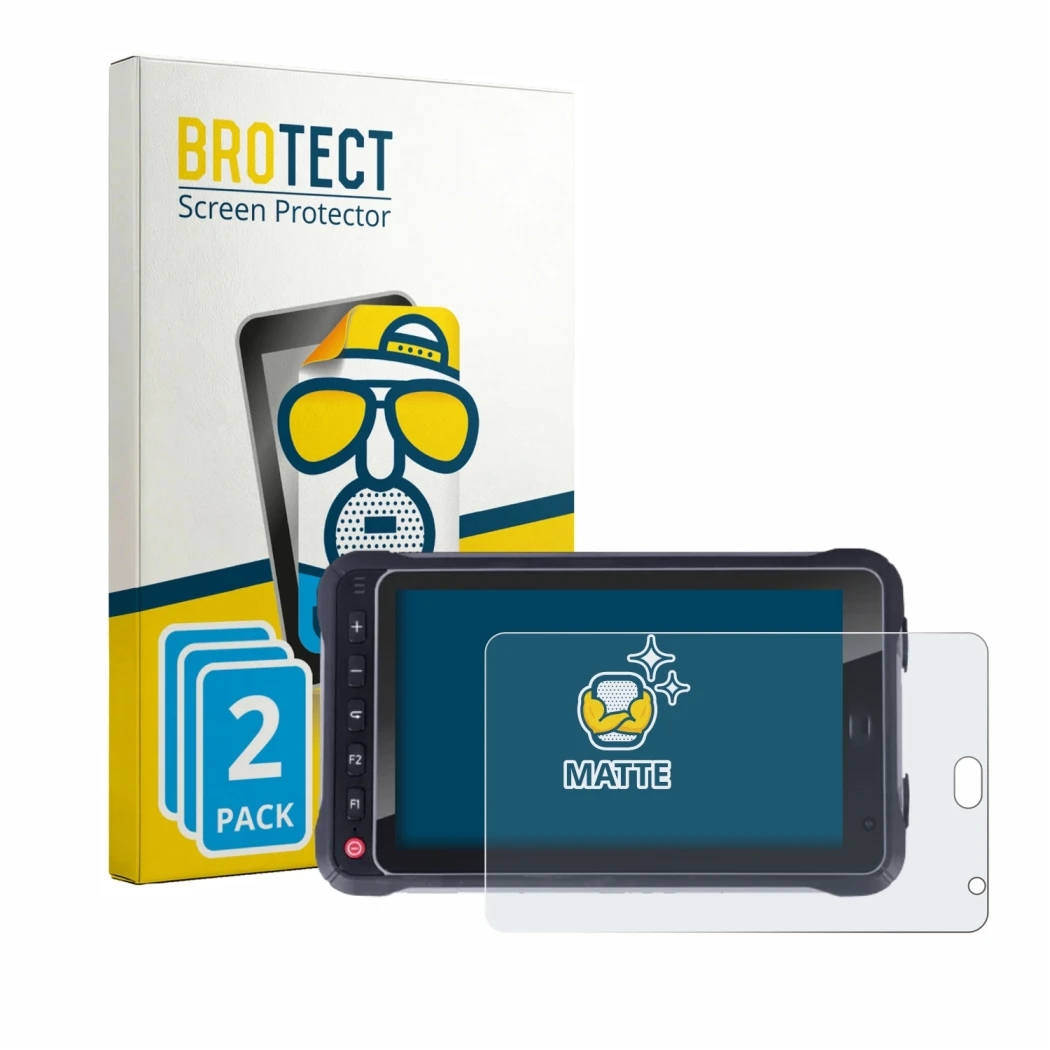 Front side of a product packaging with the brand logo BROTECT. Next to it is the device Hugerock X72 shown with the correspond