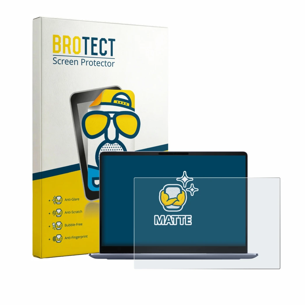 Front side of a product packaging with the brand logo BROTECT. Next to it is the device Dell 14S DS14260 shown with the corres