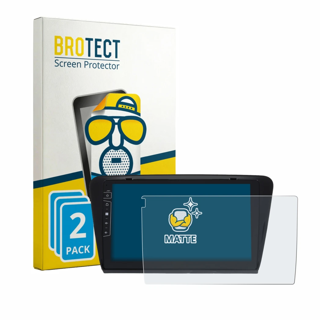 Front side of a product packaging with the brand logo BROTECT. Next to it is the device Dynavin D9-7 Premium Flex shown with t