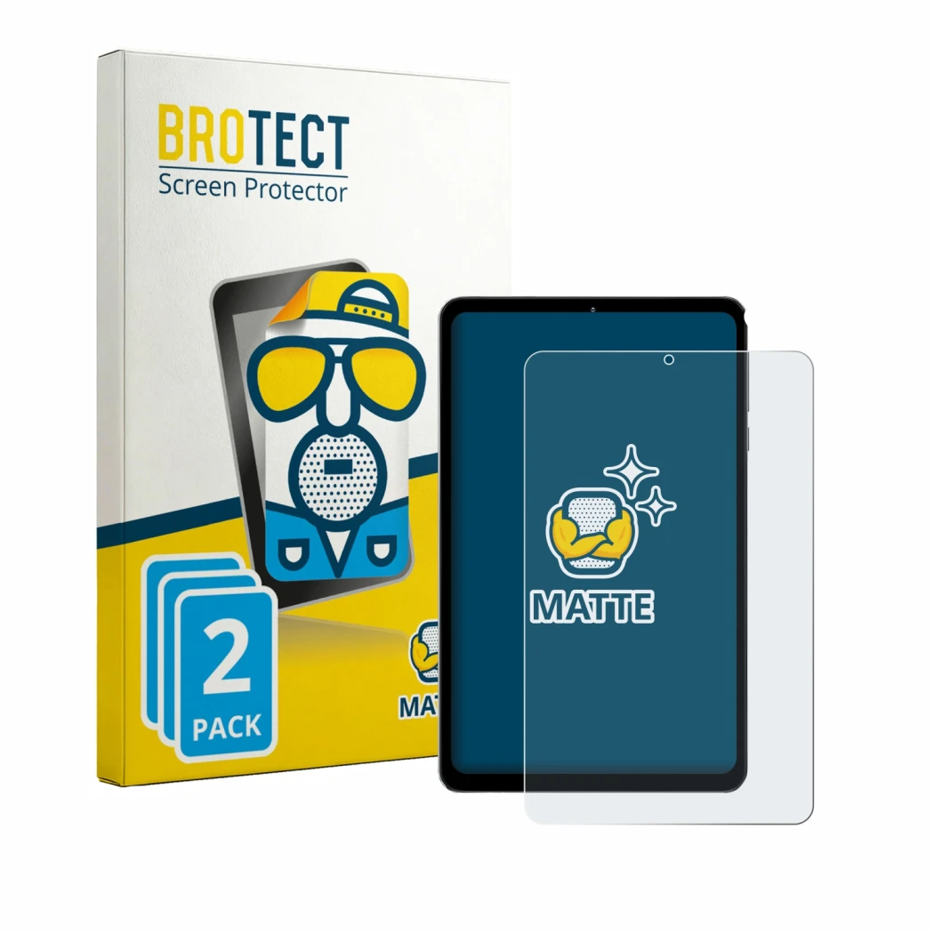 Front side of a product packaging with the brand logo BROTECT. Next to it is the device Headwolf FPad 6 shown with the corresp
