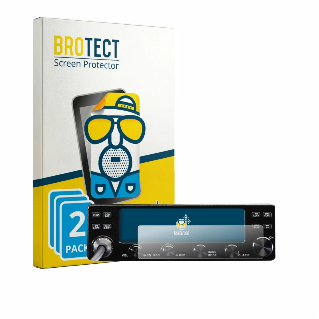 Front side of a product packaging with the brand logo BROTECT. Next to it is the device Midland 8001 Pro shown with the corres