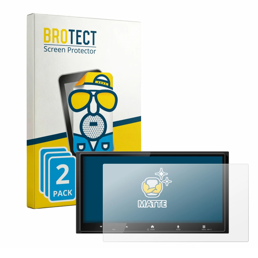 Front side of a product packaging with the brand logo BROTECT. Next to it is the device Kenwood DMX7525DABS shown with the cor