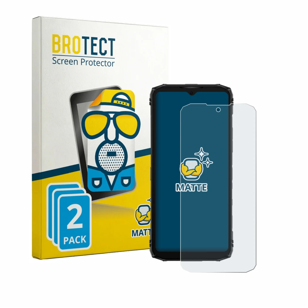 Front side of a product packaging with the brand logo BROTECT. Next to it is the device Doogee Blade 10 Energy shown with the 