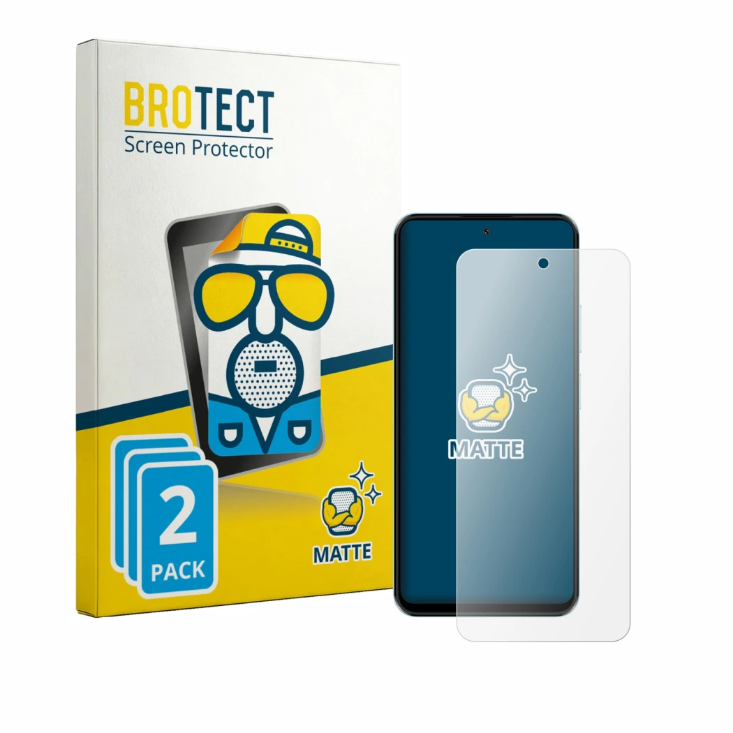 Front side of a product packaging with the brand logo BROTECT. Next to it is the device HMD Luma shown with the corresponding 