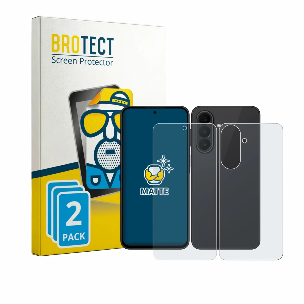 Front side of a product packaging with the brand logo BROTECT. Next to it is the device Samsung Galaxy A27 5G (Front+Back) sho