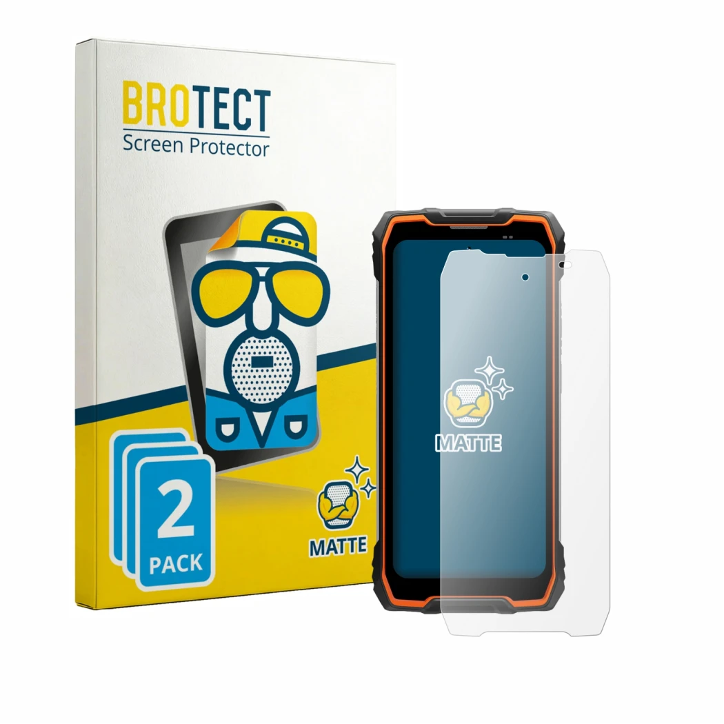 Front side of a product packaging with the brand logo BROTECT. Next to it is the device Blackview Rock 2 shown with the corres