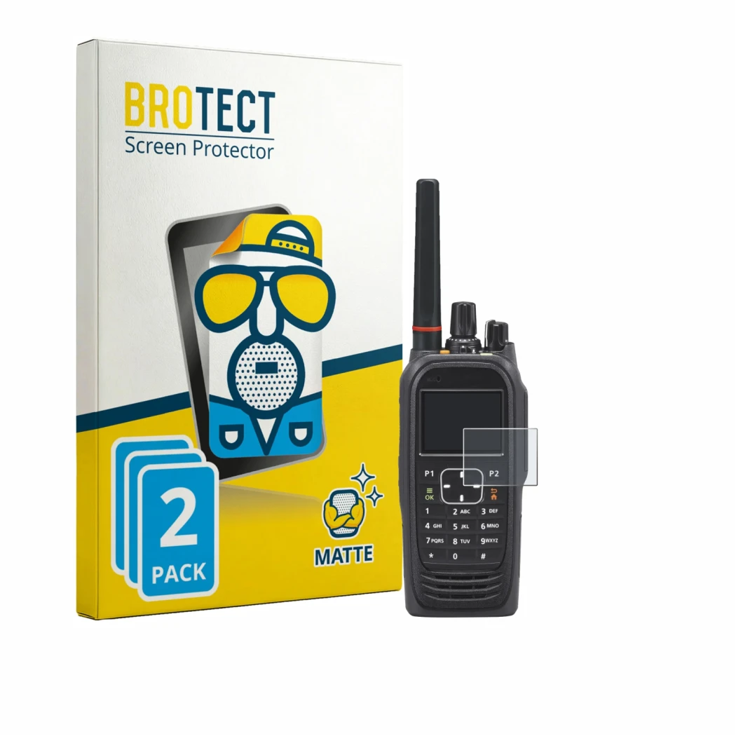 Front side of a product packaging with the brand logo BROTECT. Next to it is the device Icom IC-F4400DT shown with the corresp