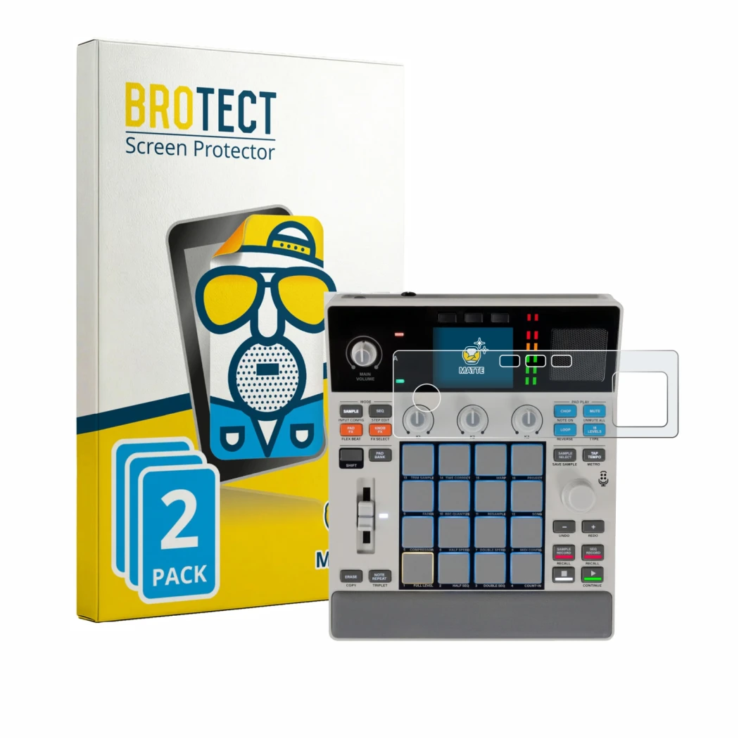 Front side of a product packaging with the brand logo BROTECT. Next to it is the device Akai MPC Sample shown with the corresp