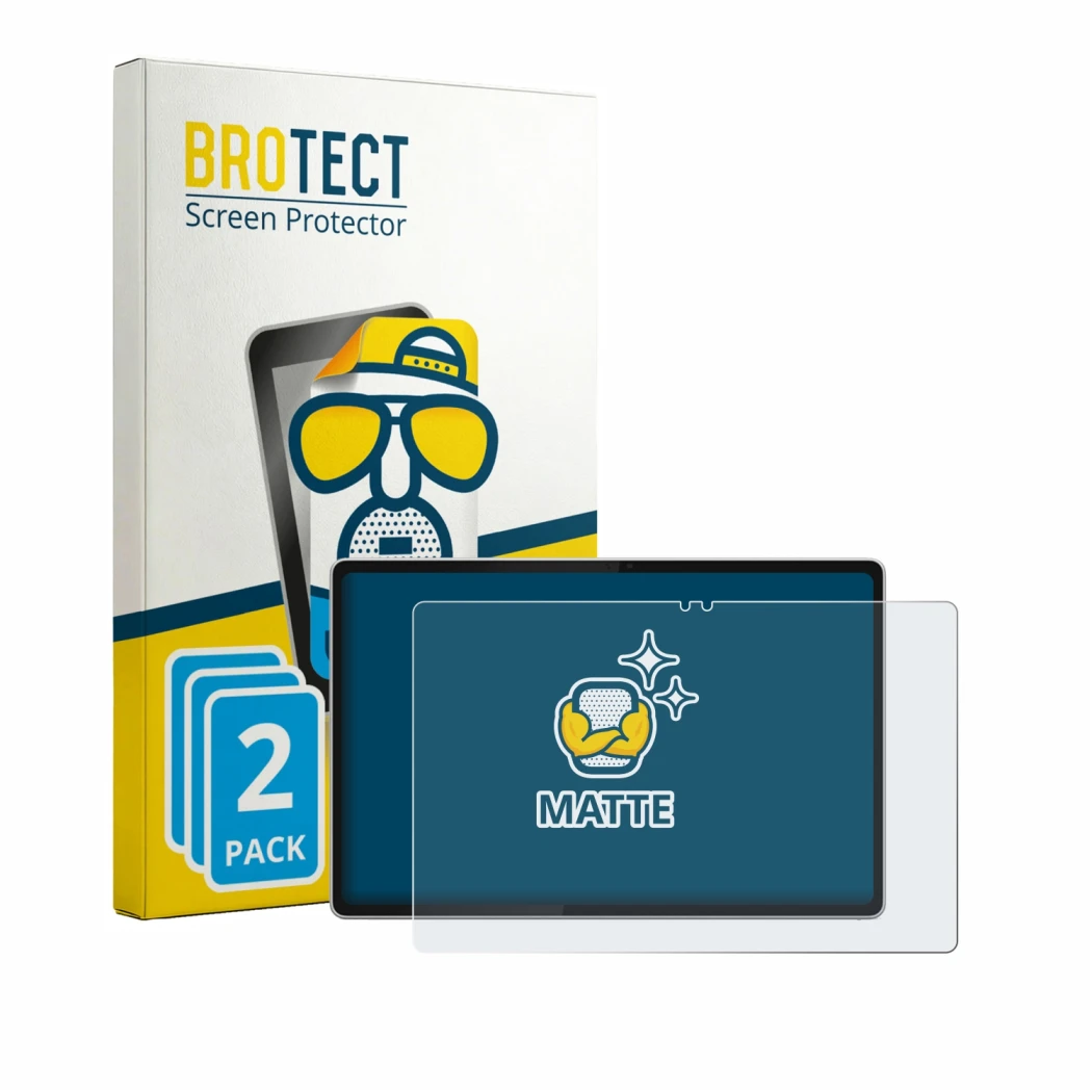 Front side of a product packaging with the brand logo BROTECT. Next to it is the device Lenovo Tab Plus Gen 2 shown with the c
