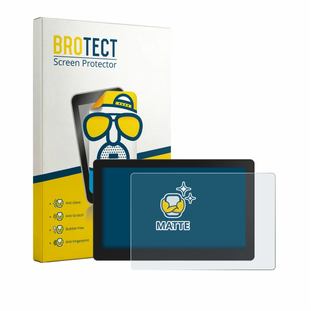 Front side of a product packaging with the brand logo BROTECT. Next to it is the device VECTOR AGR HD408 Display Terminal show