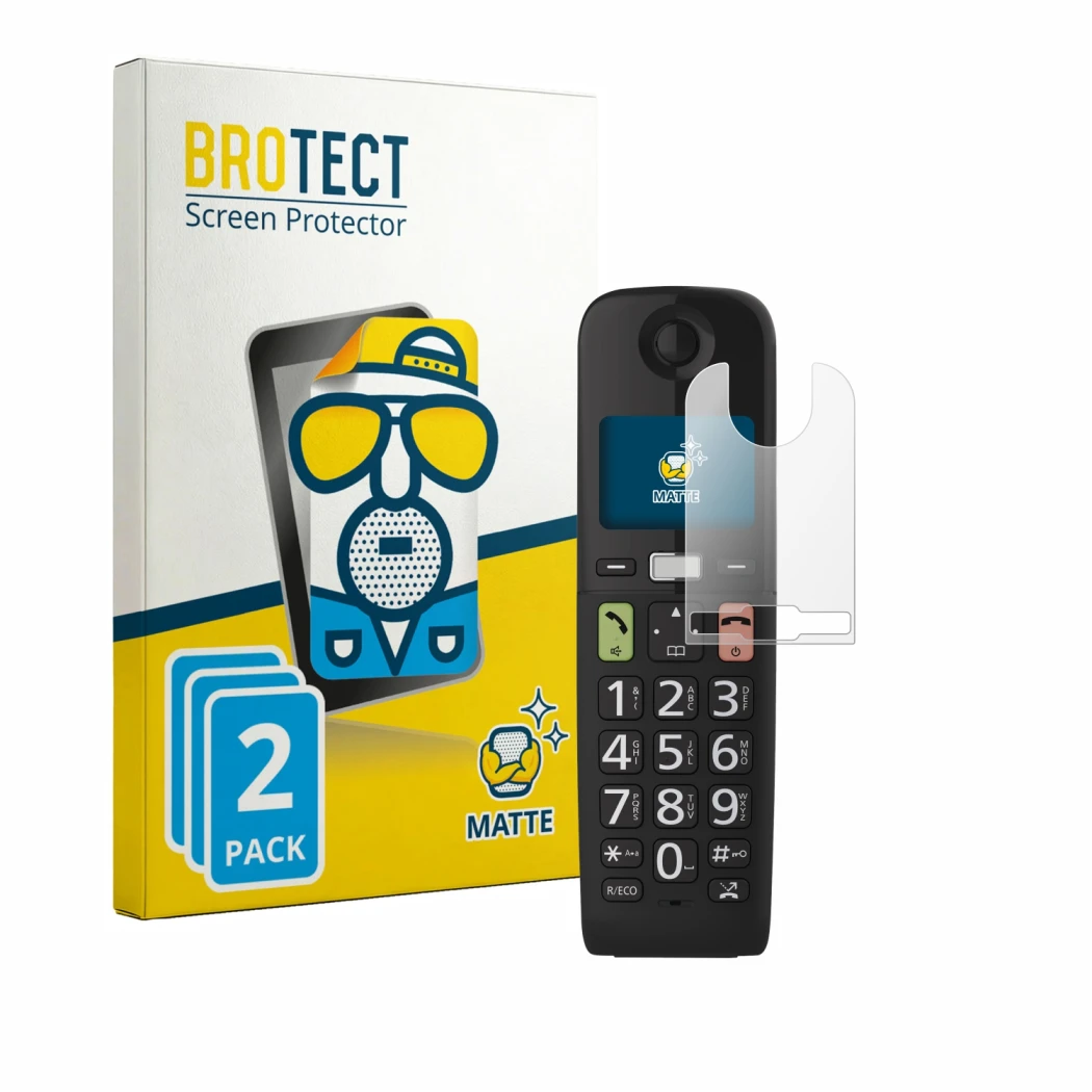 Front side of a product packaging with the brand logo BROTECT. Next to it is the device Panasonic KX-TGU130 shown with the cor