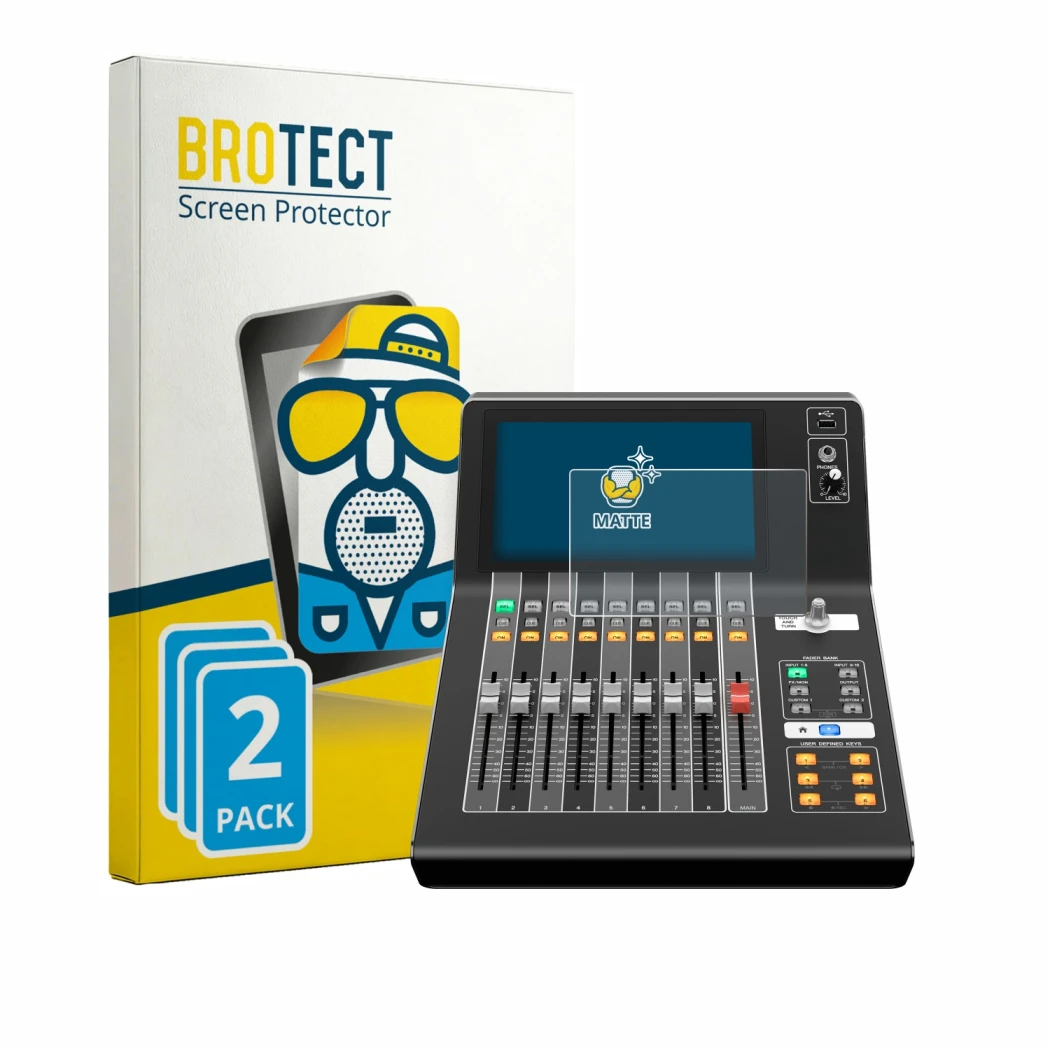 Front side of a product packaging with the brand logo BROTECT. Next to it is the device Yamaha DM3 shown with the correspondin