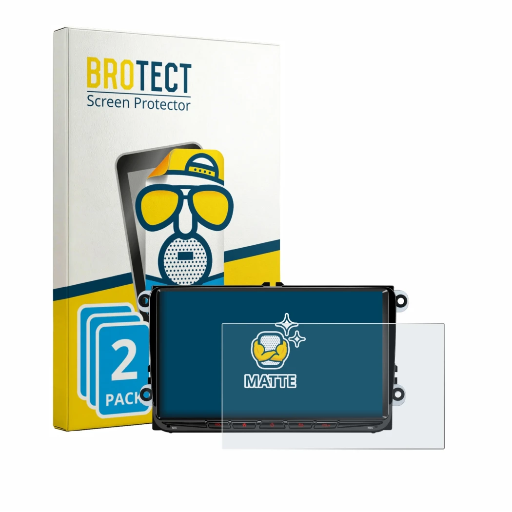 Front side of a product packaging with the brand logo BROTECT. Next to it is the device Xtrons ID90MTVL shown with the corresp