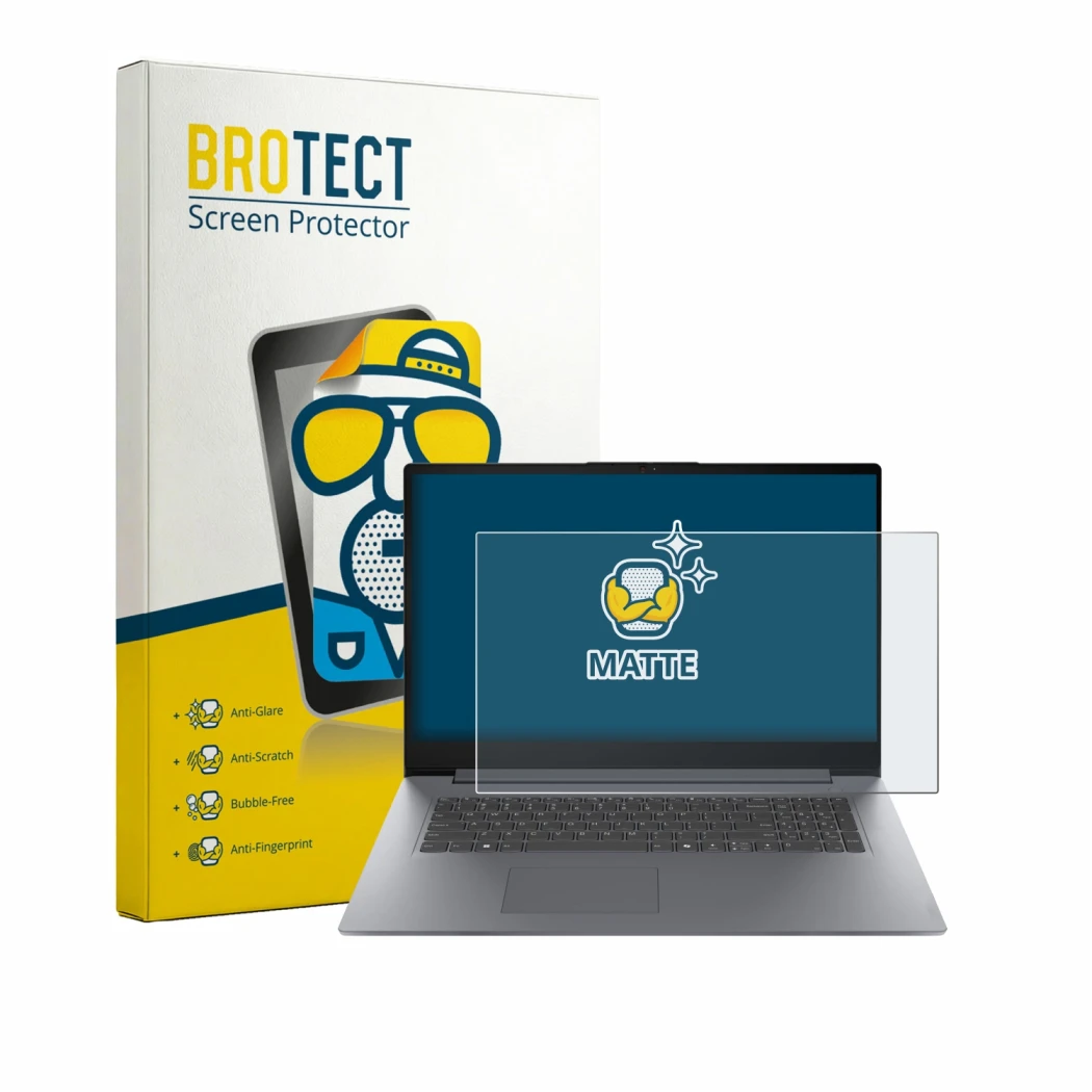 Front side of a product packaging with the brand logo BROTECT. Next to it is the device Lenovo V17 G7 shown with the correspon