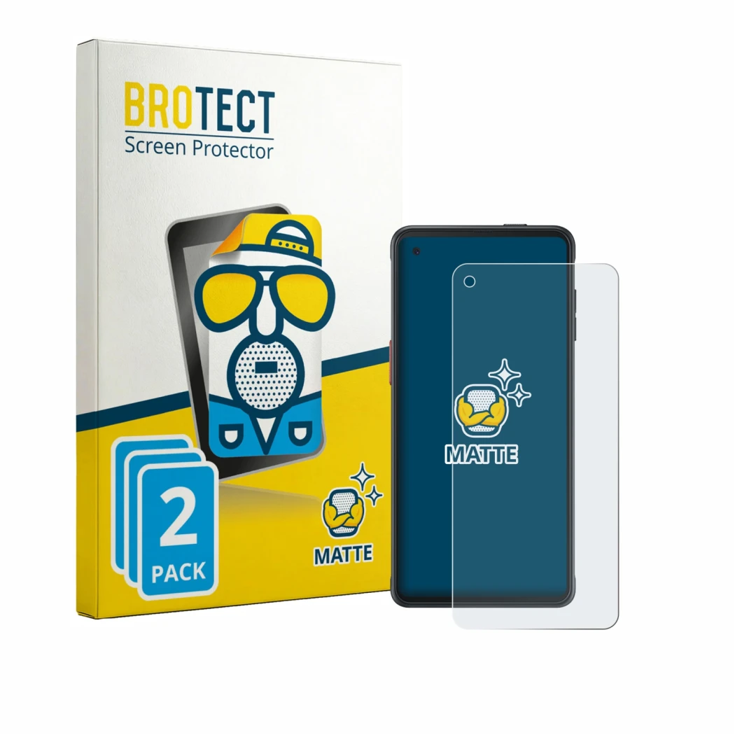 Front side of a product packaging with the brand logo BROTECT. Next to it is the device Samsung Galaxy XCover Pro (case-friend