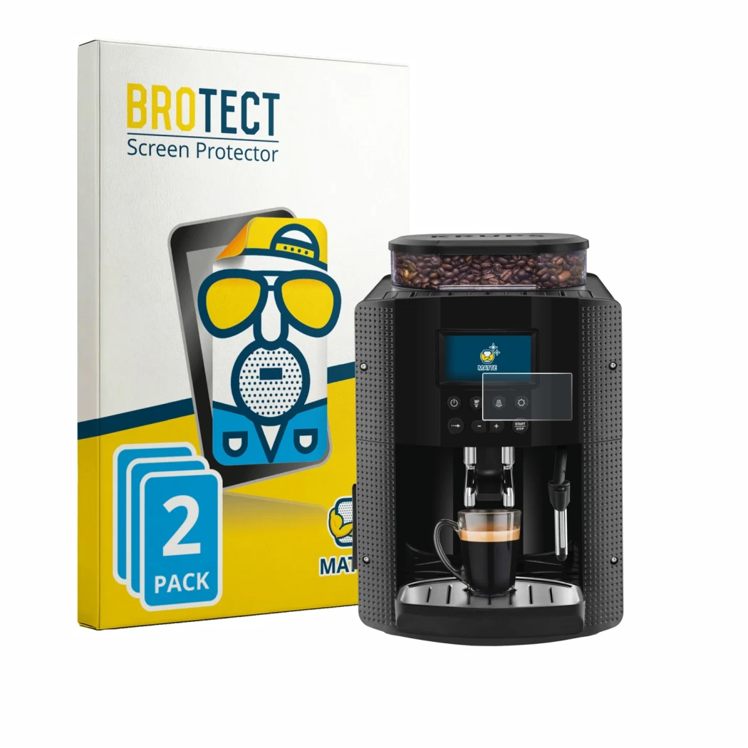 Front side of a product packaging with the brand logo BROTECT. Next to it is the device Krups Essential YY8135FD shown with th