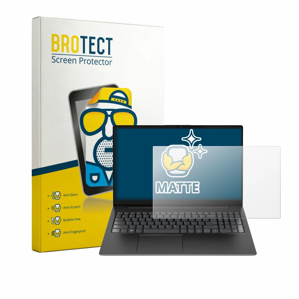 Front side of a product packaging with the brand logo BROTECT. Next to it is the device Lenovo V15 7915 shown with the corresp