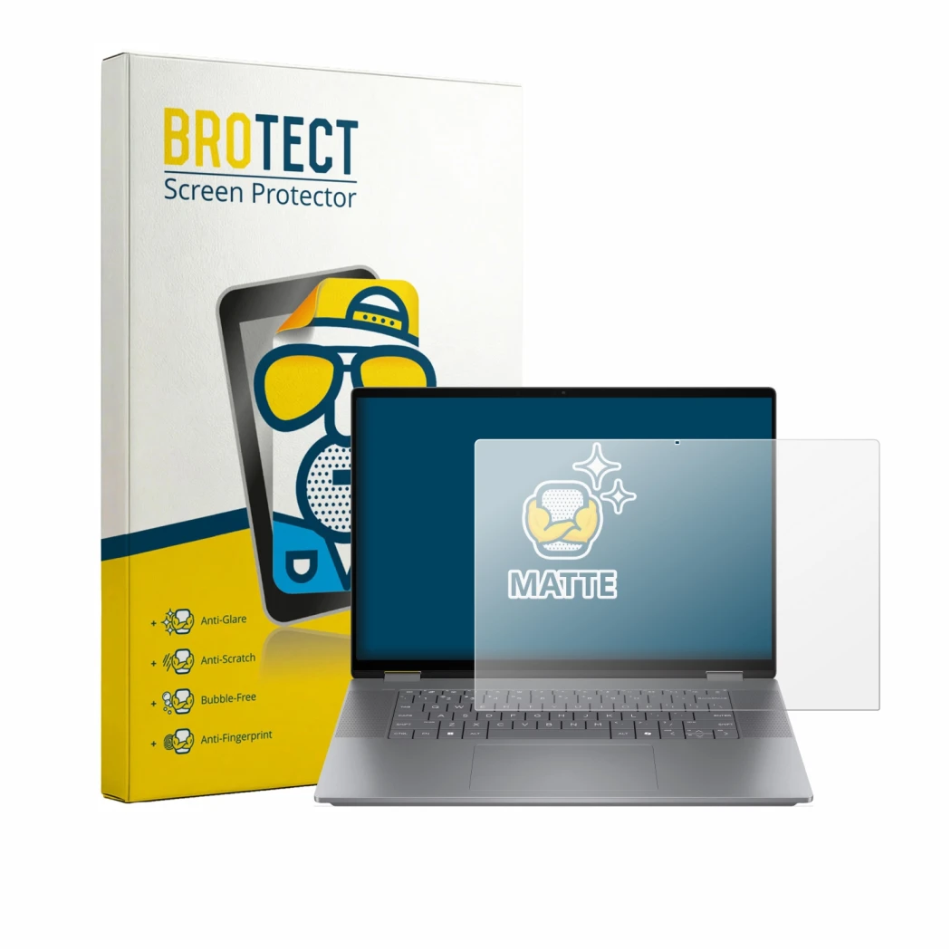Front side of a product packaging with the brand logo BROTECT. Next to it is the device HP OmniBook X Flip NGAI 16-ar shown wi