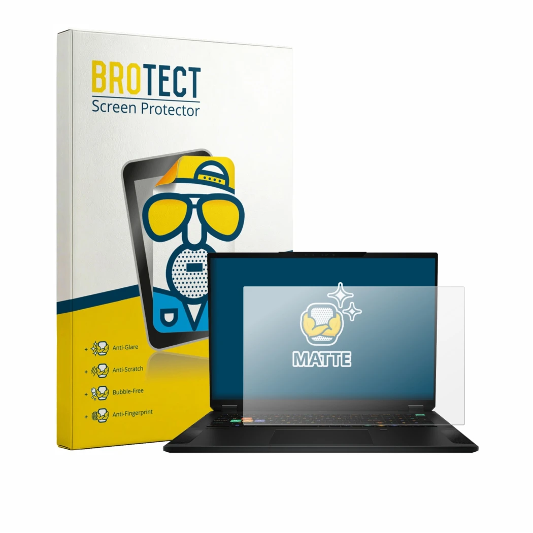 Front side of a product packaging with the brand logo BROTECT. Next to it is the device MSI Stealth 18 HX AI shown with the co