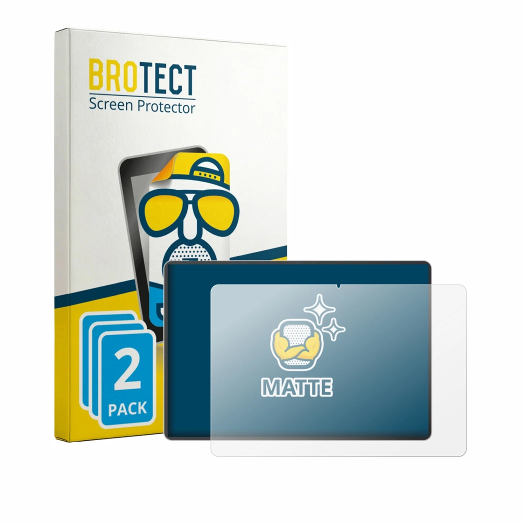 Front side of a product packaging with the brand logo BROTECT. Next to it is the device ASUS Pad T3201 shown with the correspo