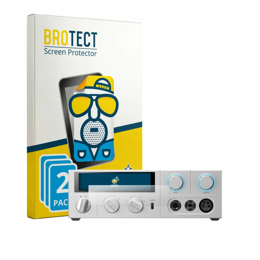 Front side of a product packaging with the brand logo BROTECT. Next to it is the device FiiO K15 shown with the corresponding