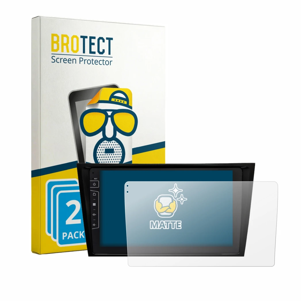 Front side of a product packaging with the brand logo BROTECT. Next to it is the device Dynavin D10-W211 Premium shown with th