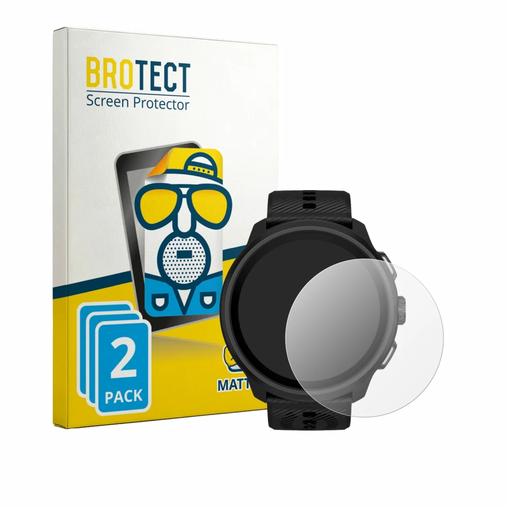 Front side of a product packaging with the brand logo BROTECT. Next to it is the device Suunto Run 2 shown with the correspond