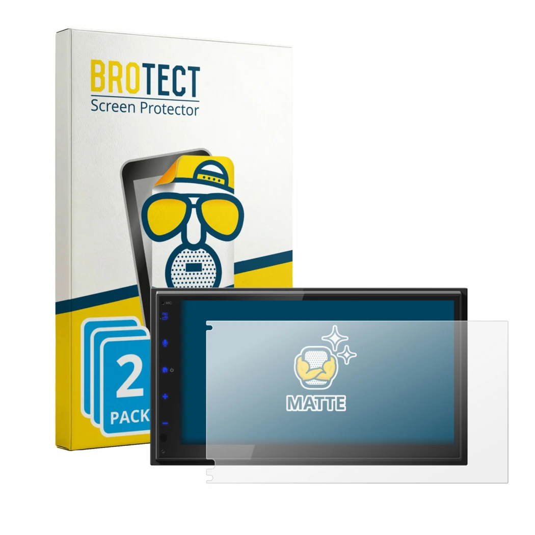 Front side of a product packaging with the brand logo BROTECT. Next to it is the device JVC KW-593BT shown with the correspond