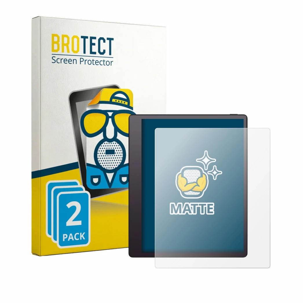 Front side of a product packaging with the brand logo BROTECT. Next to it is the device Boox Note Mini C shown with the corres