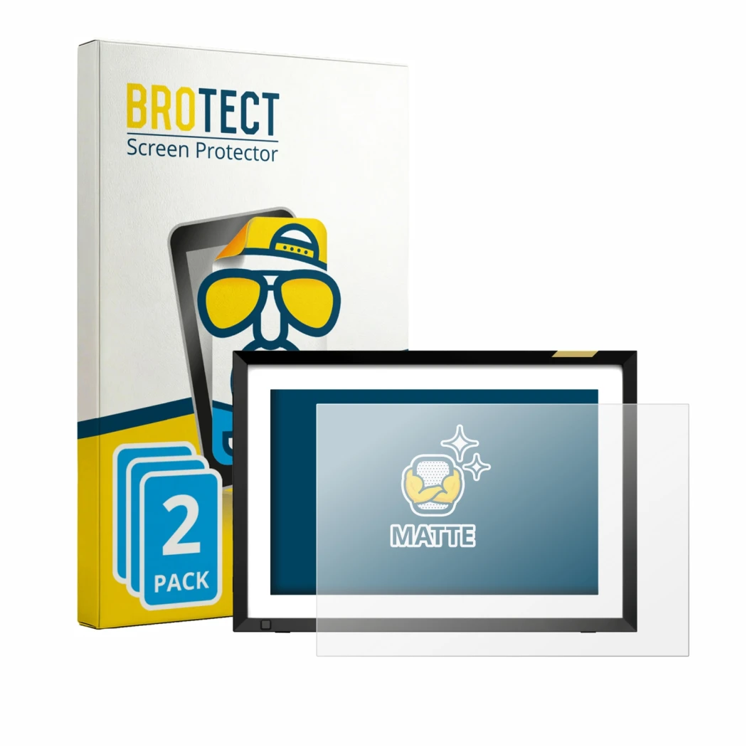 Front side of a product packaging with the brand logo BROTECT. Next to it is the device Nixplay Klassischer 10.1