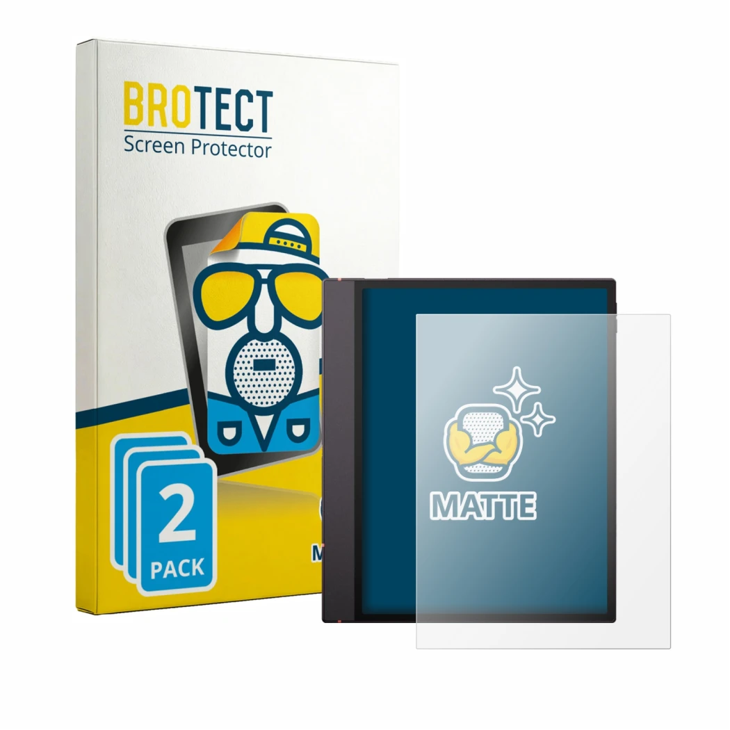 Front side of a product packaging with the brand logo BROTECT. Next to it is the device Boox Note Air 6 C shown with the corre
