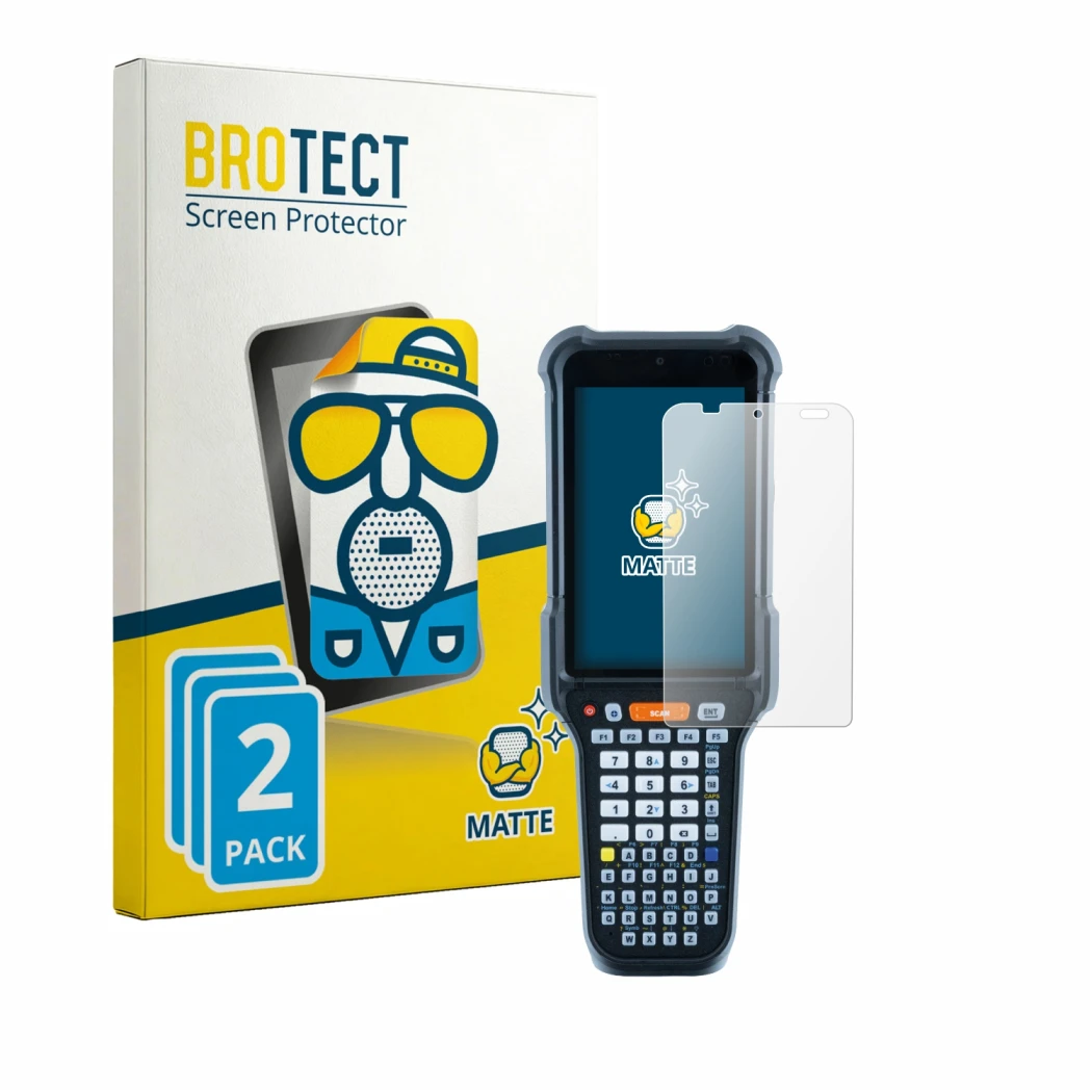 Front side of a product packaging with the brand logo BROTECT. Next to it is the device Datalogic Falcon X65 shown with the co