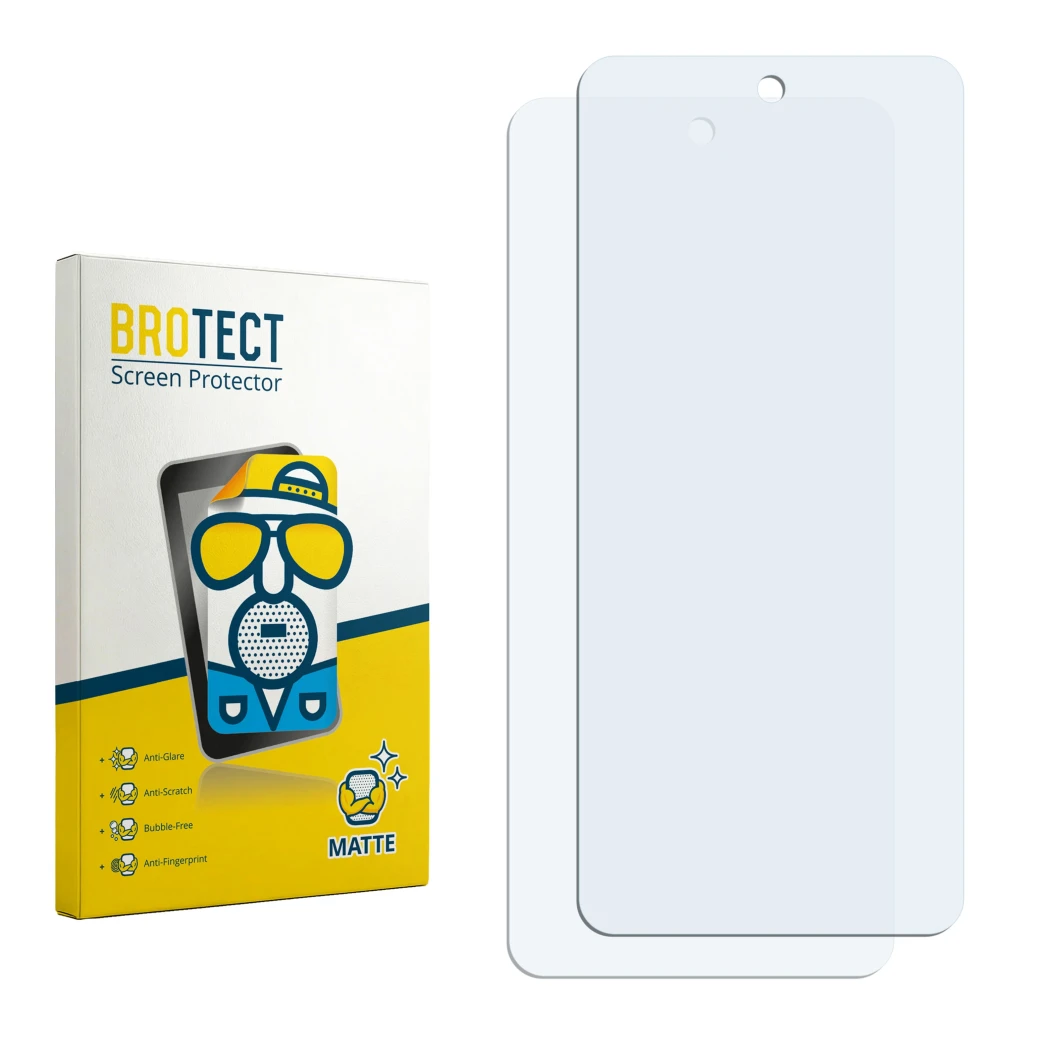 Front side of a product packaging with the brand logo BROTECT. Next to it is the corresponding screen protector.