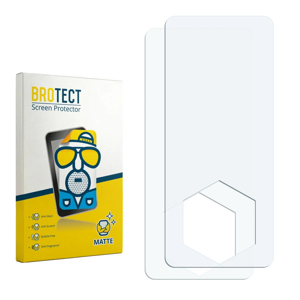 Front side of a product packaging with the brand logo BROTECT. Next to it is the corresponding screen protector.