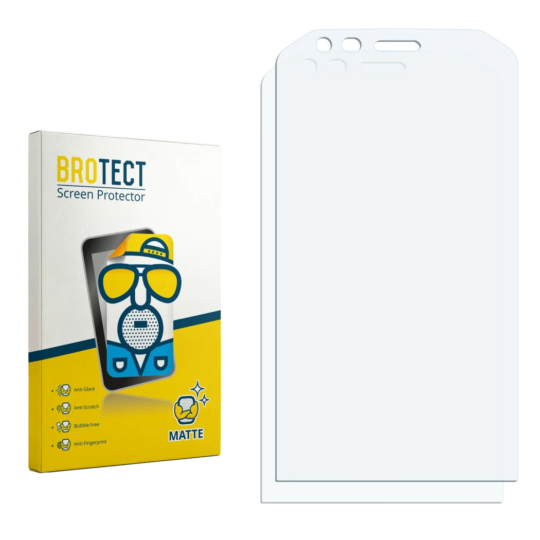 Front side of a product packaging with the brand logo BROTECT. Next to it is the corresponding screen protector.