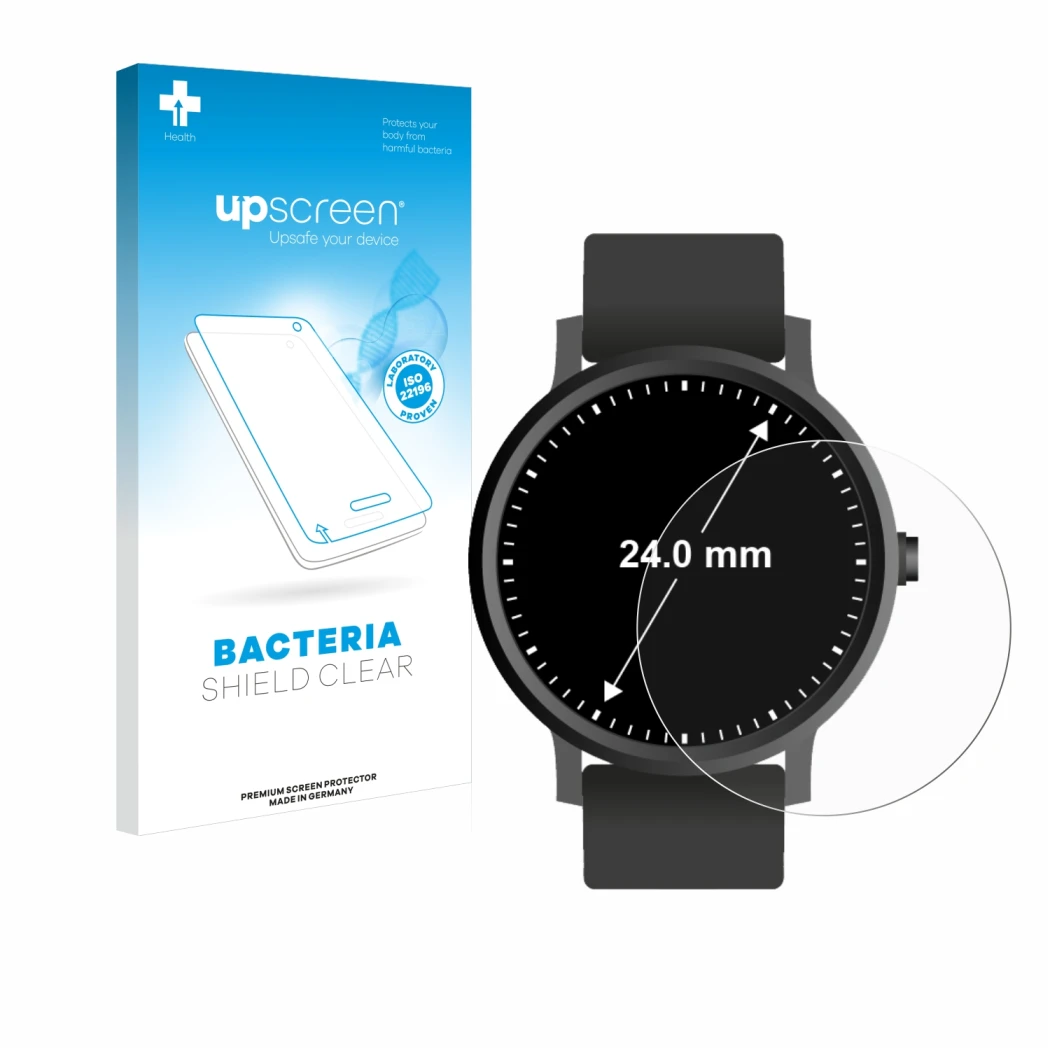 Front side of a product packaging with the brand logo upscreen. Next to it is the device Watches (Circular, ø: 24 mm) shown wi