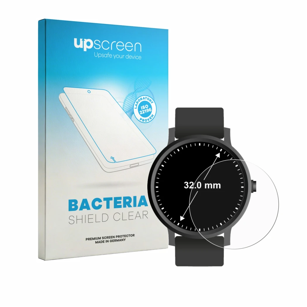 Front side of a product packaging with the brand logo upscreen. Next to it is the device Watches (Circular, ø: 32 mm) shown wi