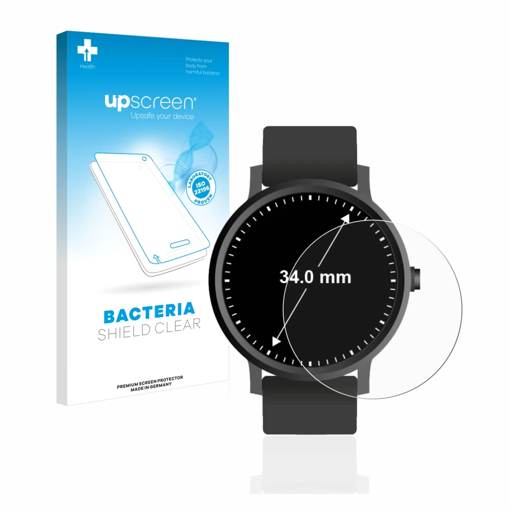 Front side of a product packaging with the brand logo upscreen. Next to it is the device Watches (Circular, ø: 34 mm) shown wi